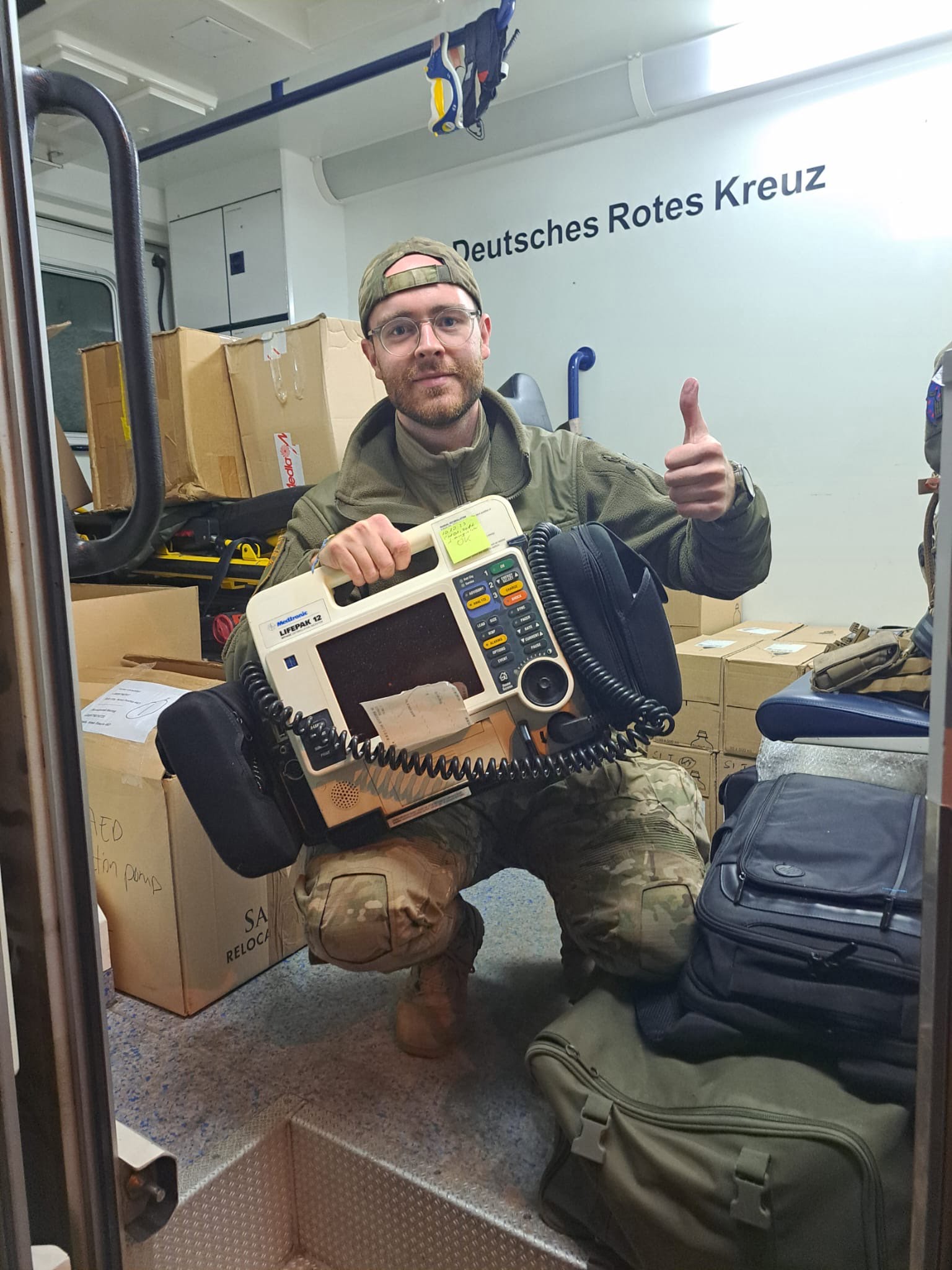 Simon, TacMed Ukraine, receiving delivery of the LifePak12 monitors and other urgently needed supplies